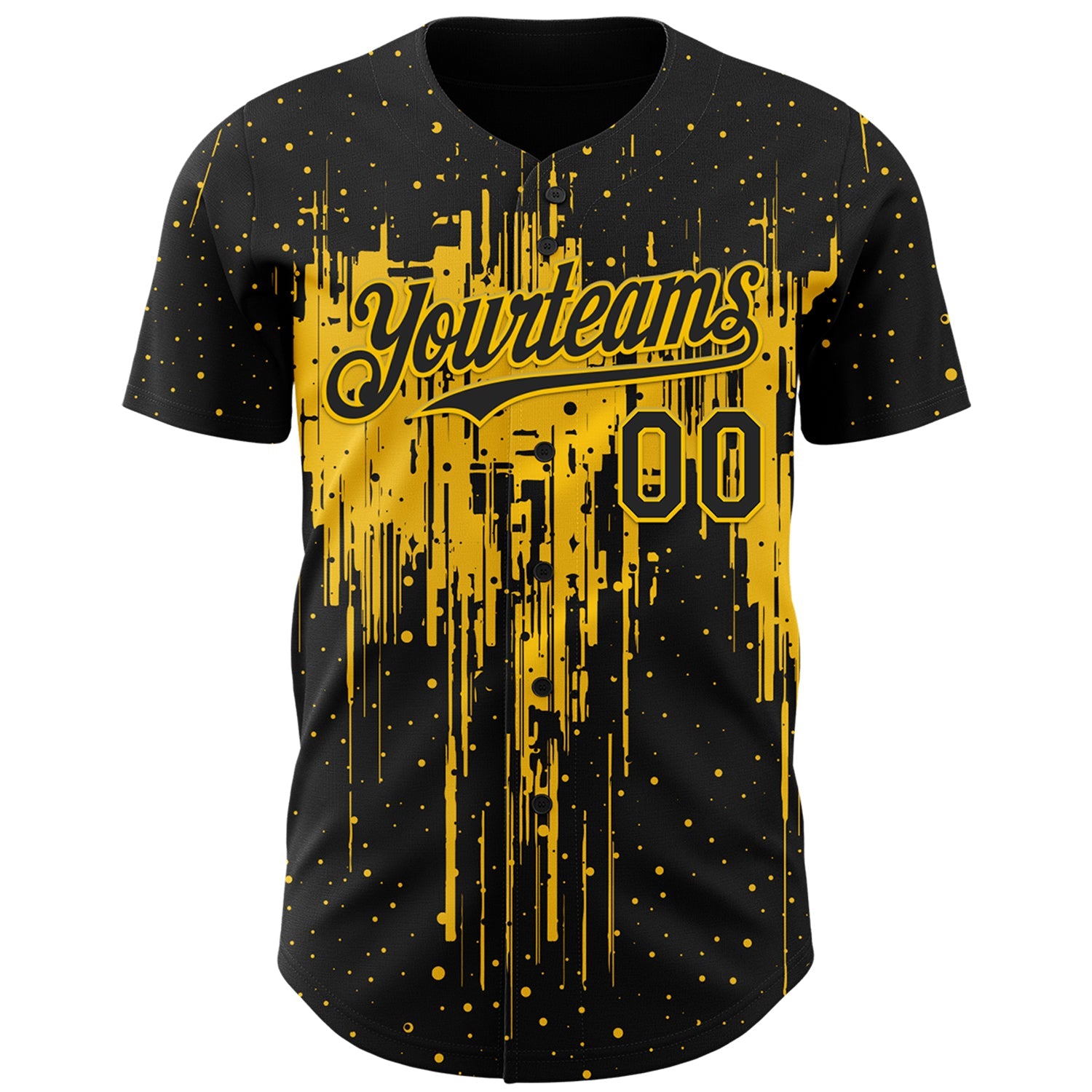 Custom Black Yellow Dripping Splatter Paint Authentic Baseball Jersey view 2