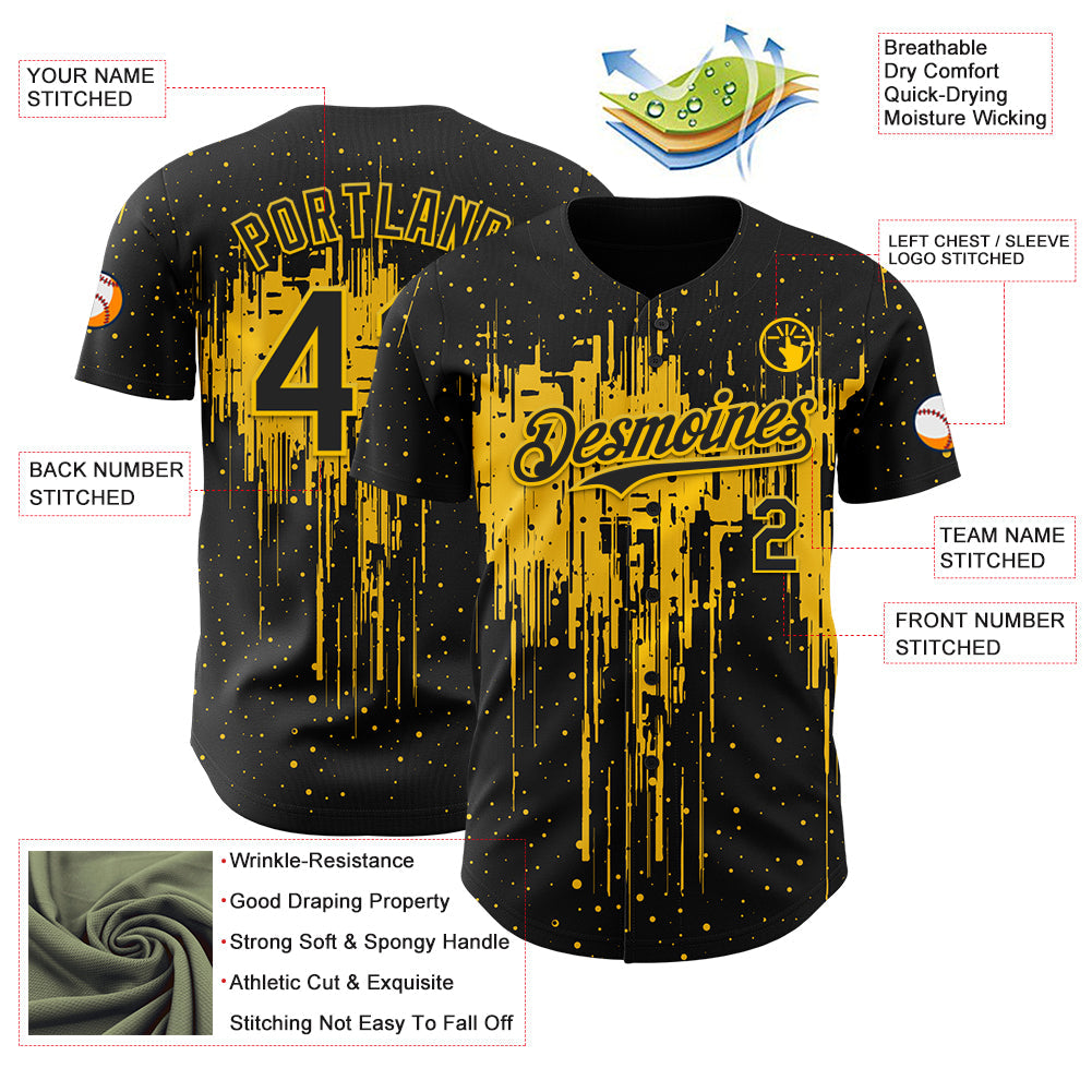 Custom Black Yellow Dripping Splatter Paint Authentic Baseball Jersey view 3