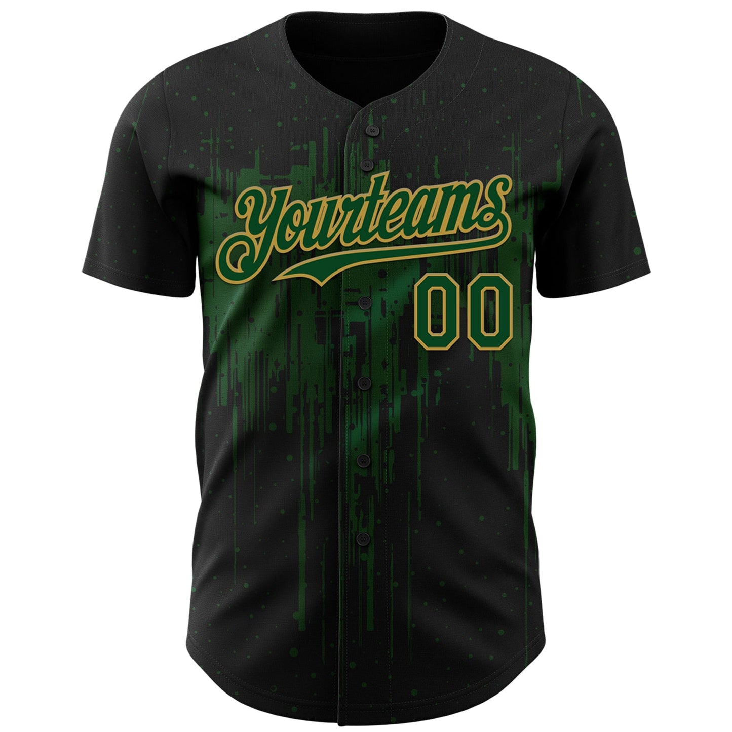 Custom Black Green-Old Gold Dripping Splatter Paint Authentic Baseball Jersey view 2