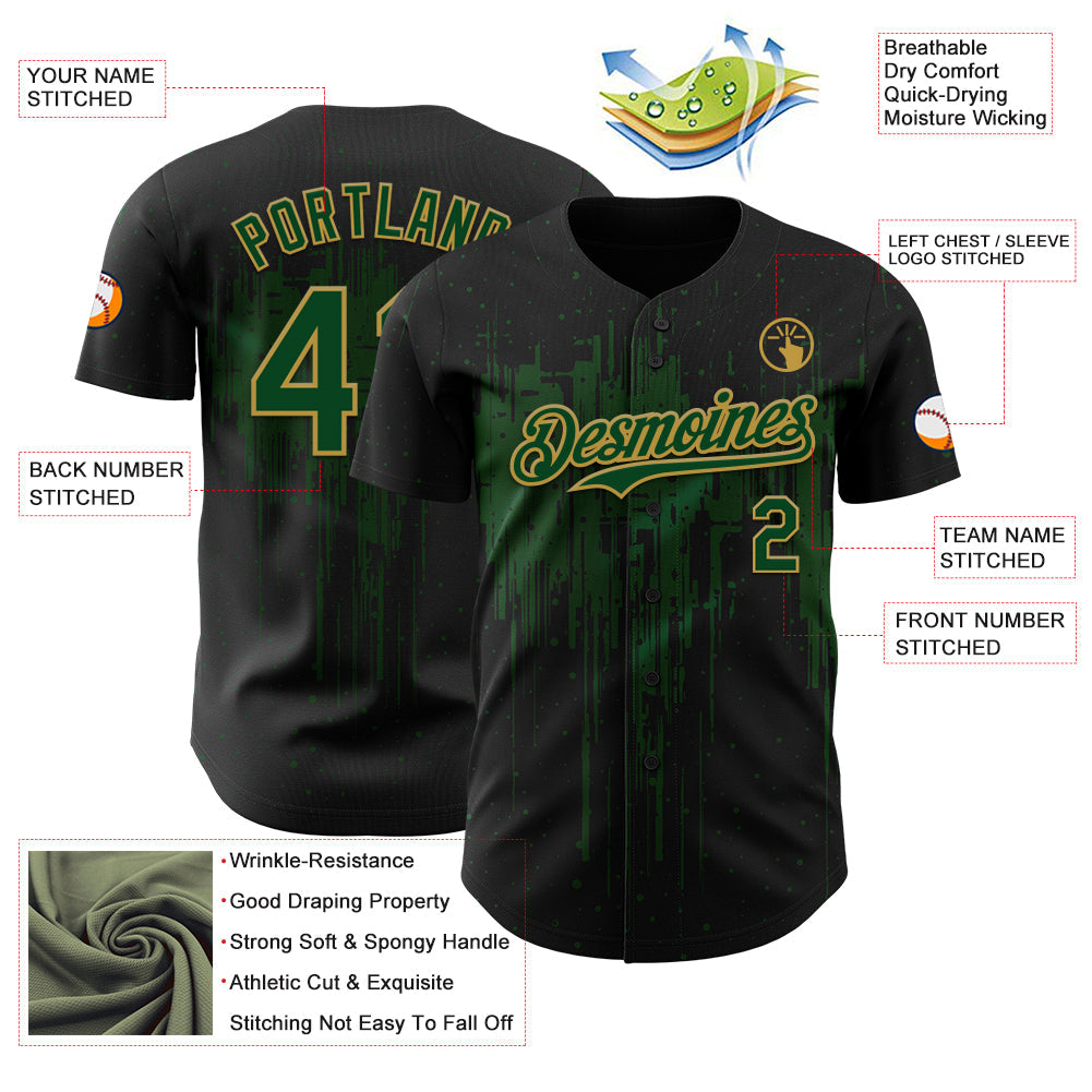 Custom Black Green-Old Gold Dripping Splatter Paint Authentic Baseball Jersey view 3