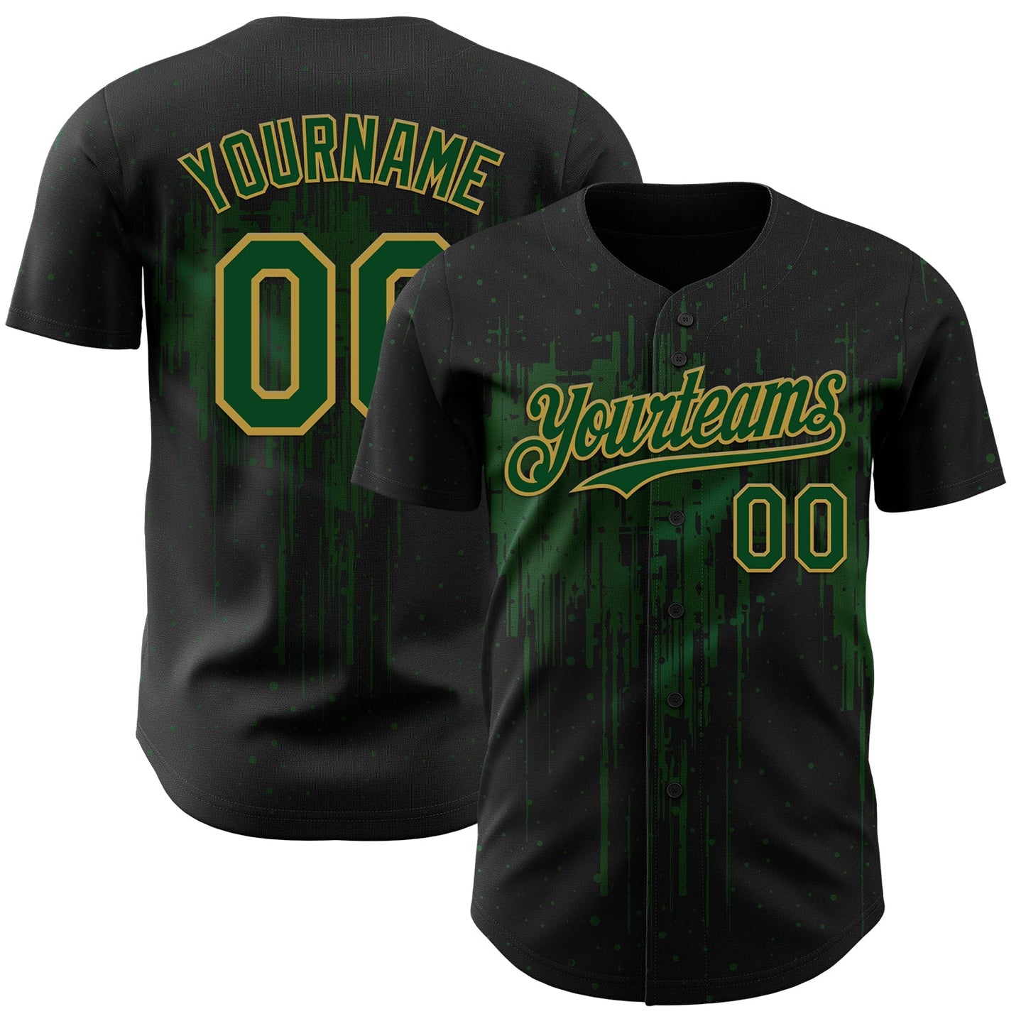 Custom Black Green-Old Gold Dripping Splatter Paint Authentic Baseball Jersey - Main View