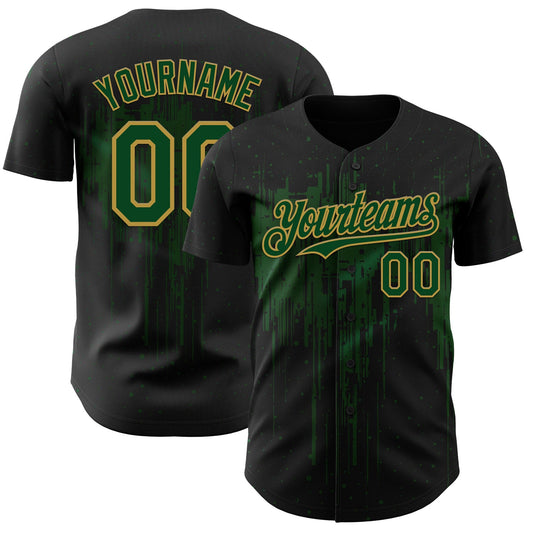 Custom Black Green-Old Gold Dripping Splatter Paint Authentic Baseball Jersey - Main View