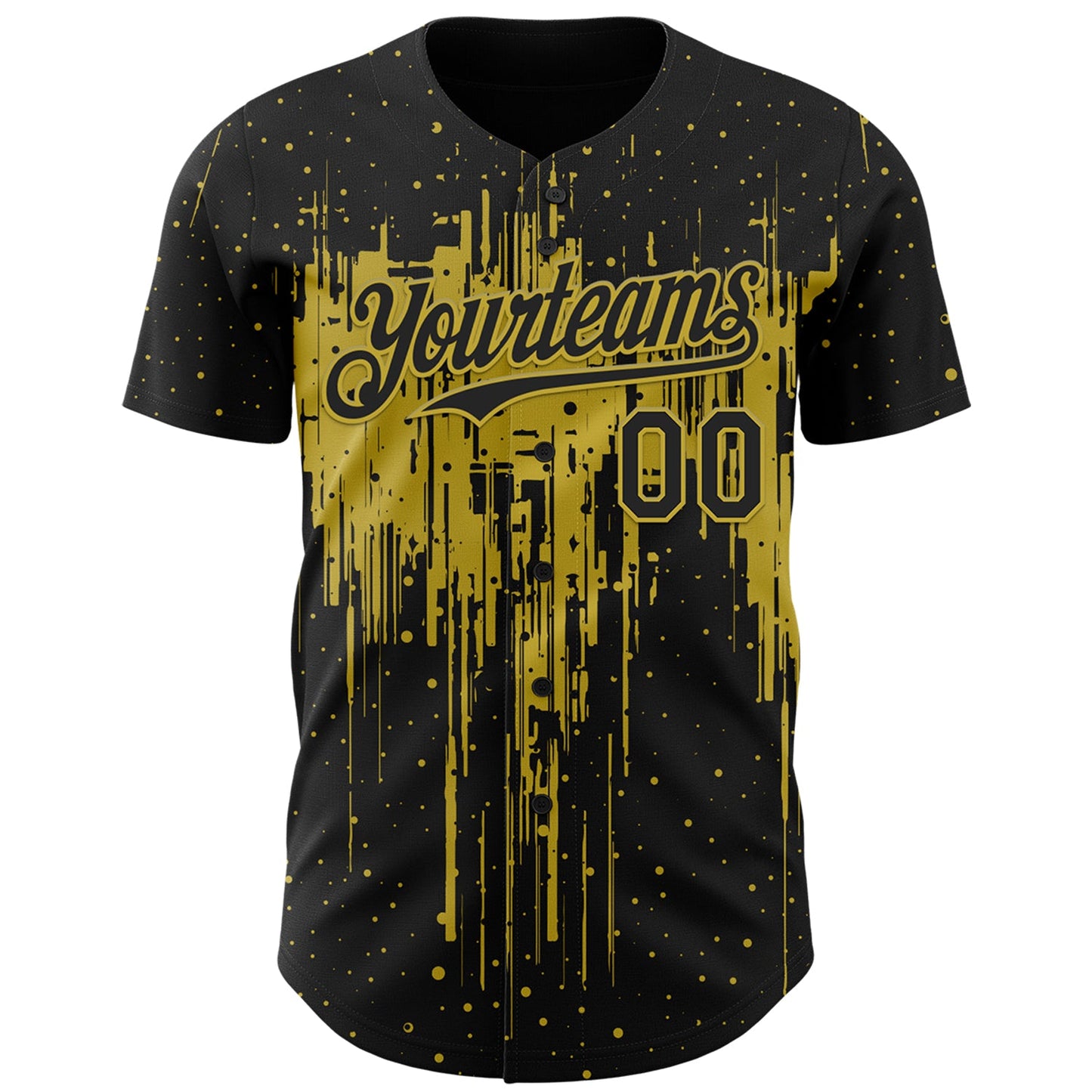 Custom Black Old Gold Dripping Splatter Paint Authentic Baseball Jersey view 2