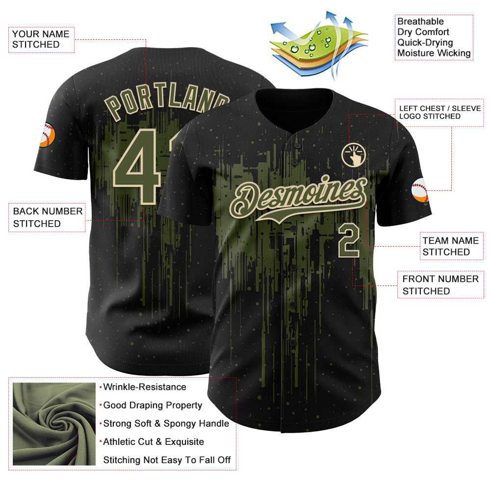 Custom Black Olive-Cream Dripping Splatter Paint Authentic Baseball Jersey view 3