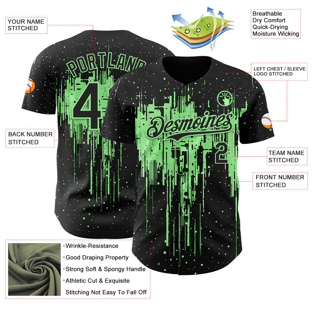 Custom Black Pea Green Dripping Splatter Paint Authentic Baseball Jersey view 3