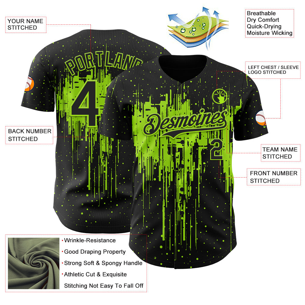 Custom Black Neon Green Dripping Splatter Paint Authentic Baseball Jersey view 3