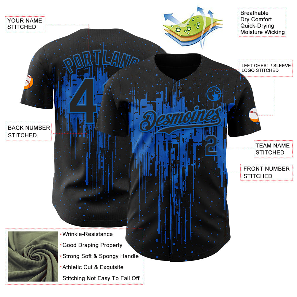 Custom Black Blue Dripping Splatter Paint Authentic Baseball Jersey view 3