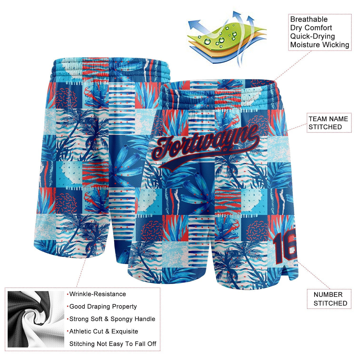 Custom Royal Navy Red-Light Blue 3D Pattern Hawaii Palm Trees Authentic Basketball Shorts view 2