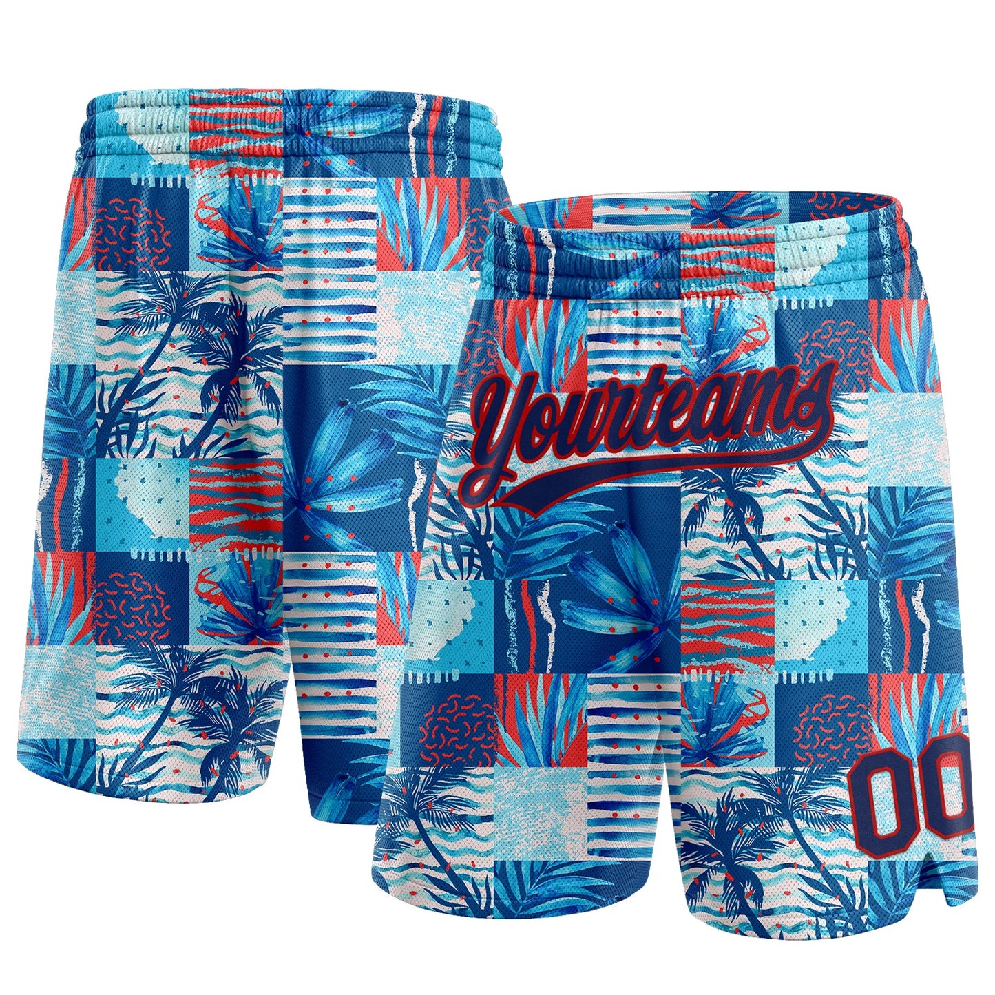 Custom Royal Navy Red-Light Blue 3D Pattern Hawaii Palm Trees Authentic Basketball Shorts - Main View