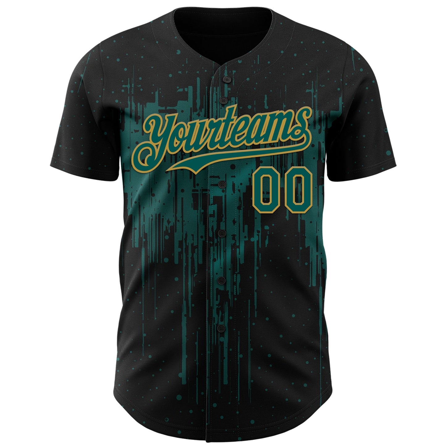 Custom Black Midnight Green-Old Gold Dripping Splatter Paint Authentic Baseball Jersey view 2
