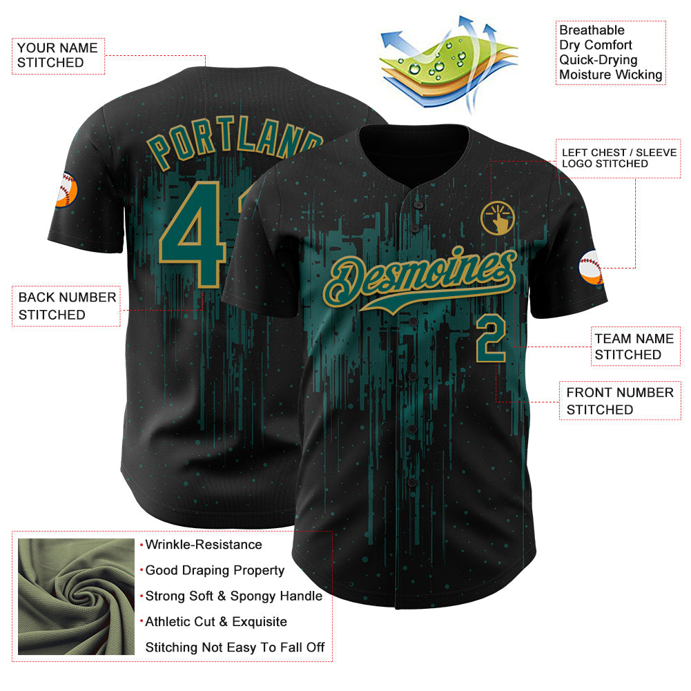 Custom Black Midnight Green-Old Gold Dripping Splatter Paint Authentic Baseball Jersey view 3