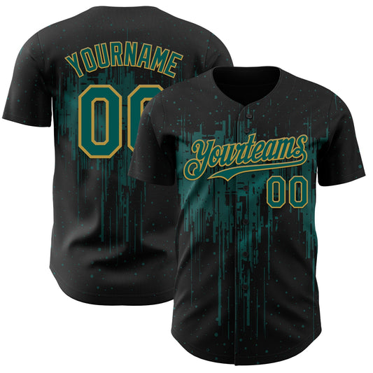 Custom Black Midnight Green-Old Gold Dripping Splatter Paint Authentic Baseball Jersey - Main View