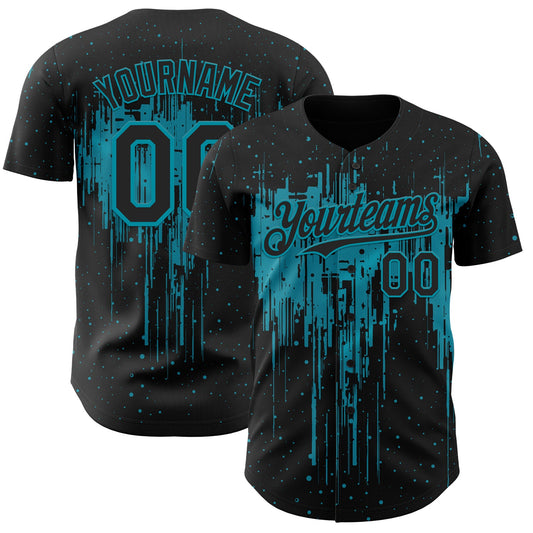 Custom Black Teal Dripping Splatter Paint Authentic Baseball Jersey - Main View