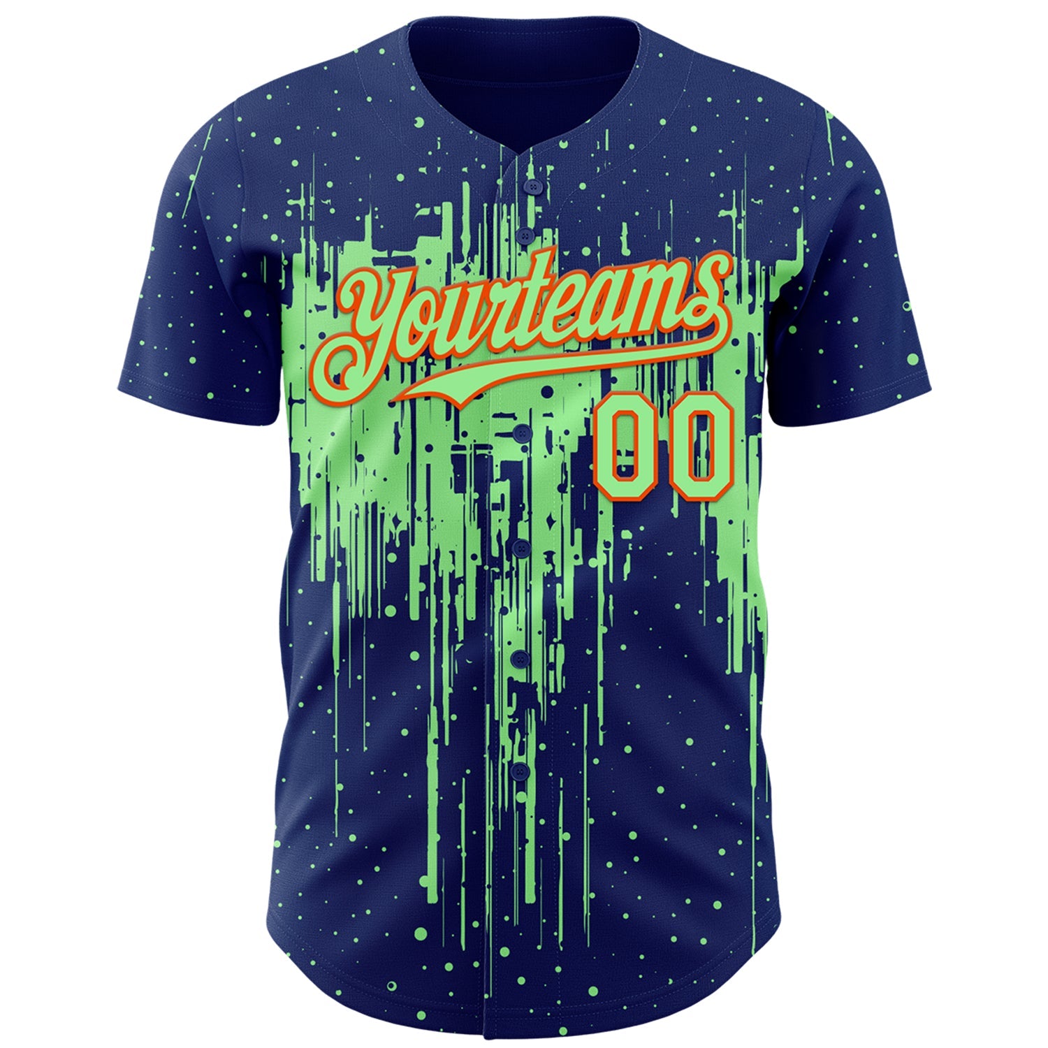 Custom Royal Pea Green-Orange Dripping Splatter Paint Authentic Baseball Jersey view 2