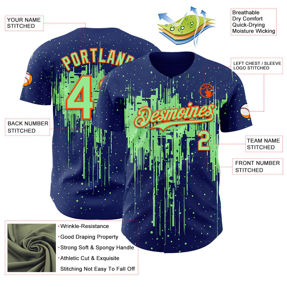 Custom Royal Pea Green-Orange Dripping Splatter Paint Authentic Baseball Jersey view 3