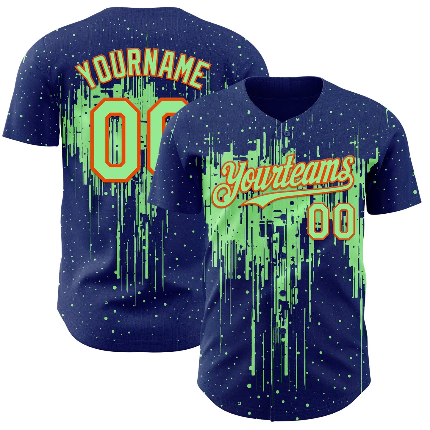 Custom Royal Pea Green-Orange Dripping Splatter Paint Authentic Baseball Jersey - Main View