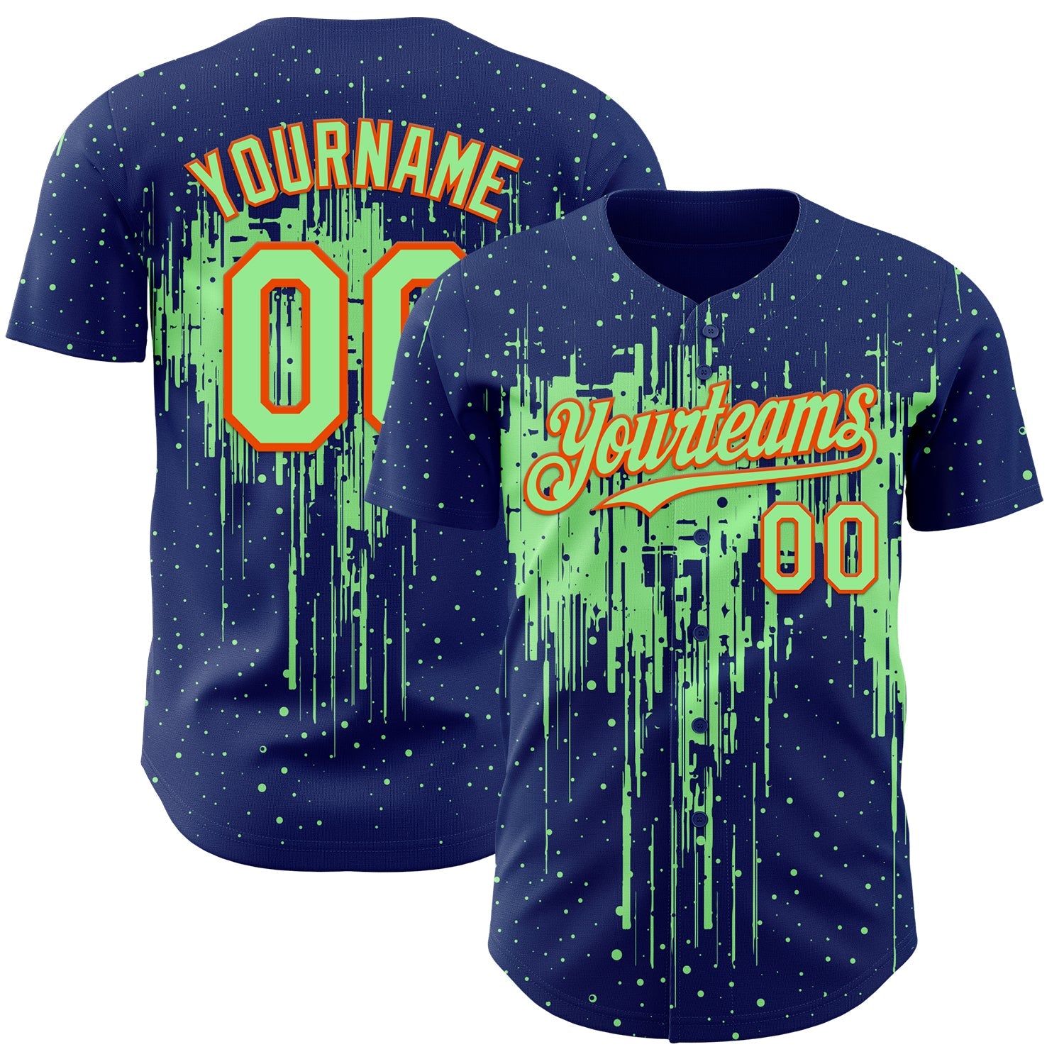 Custom Royal Pea Green-Orange Dripping Splatter Paint Authentic Baseball Jersey - Main View