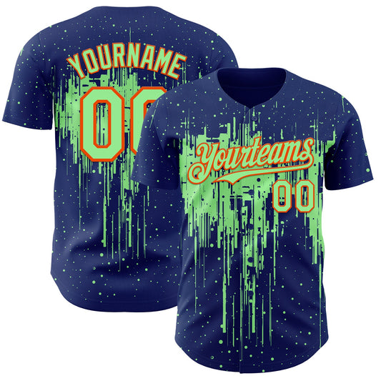 Custom Royal Pea Green-Orange Dripping Splatter Paint Authentic Baseball Jersey - Main View
