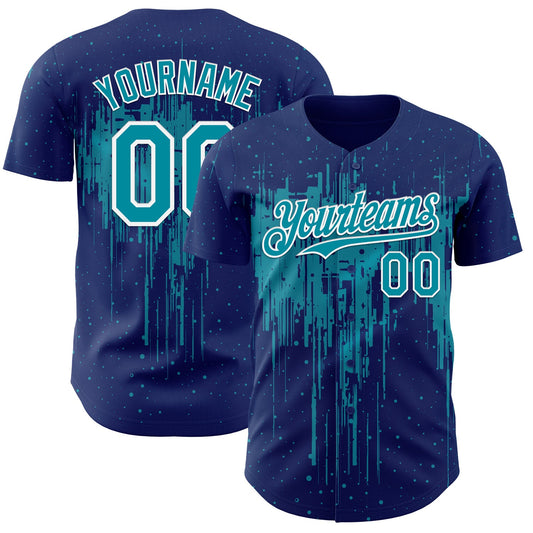 Custom Royal Teal-White Dripping Splatter Paint Authentic Baseball Jersey - Main View