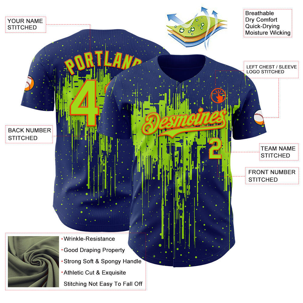 Custom Royal Neon Green-Orange Dripping Splatter Paint Authentic Baseball Jersey view 3
