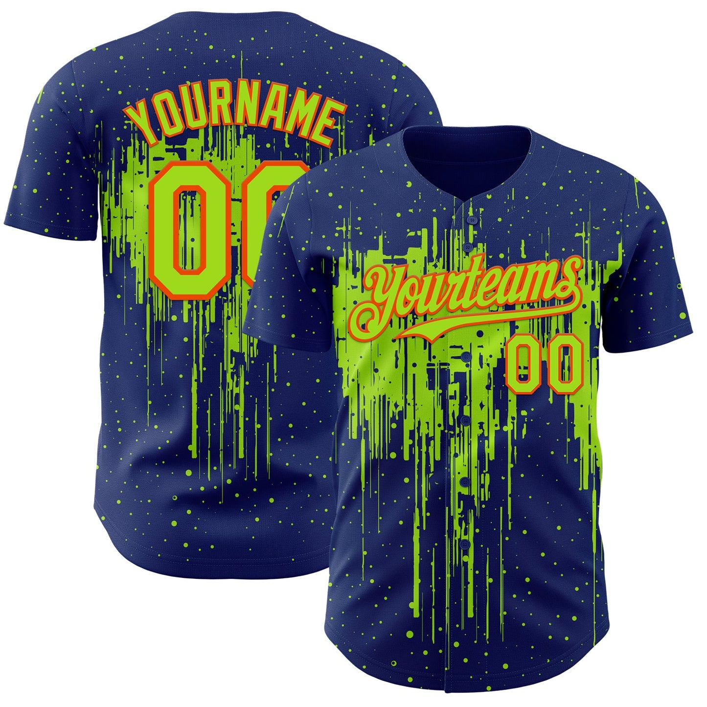 Custom Royal Neon Green-Orange Dripping Splatter Paint Authentic Baseball Jersey - Main View