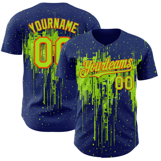 Custom Royal Neon Green-Orange Dripping Splatter Paint Authentic Baseball Jersey - Main View
