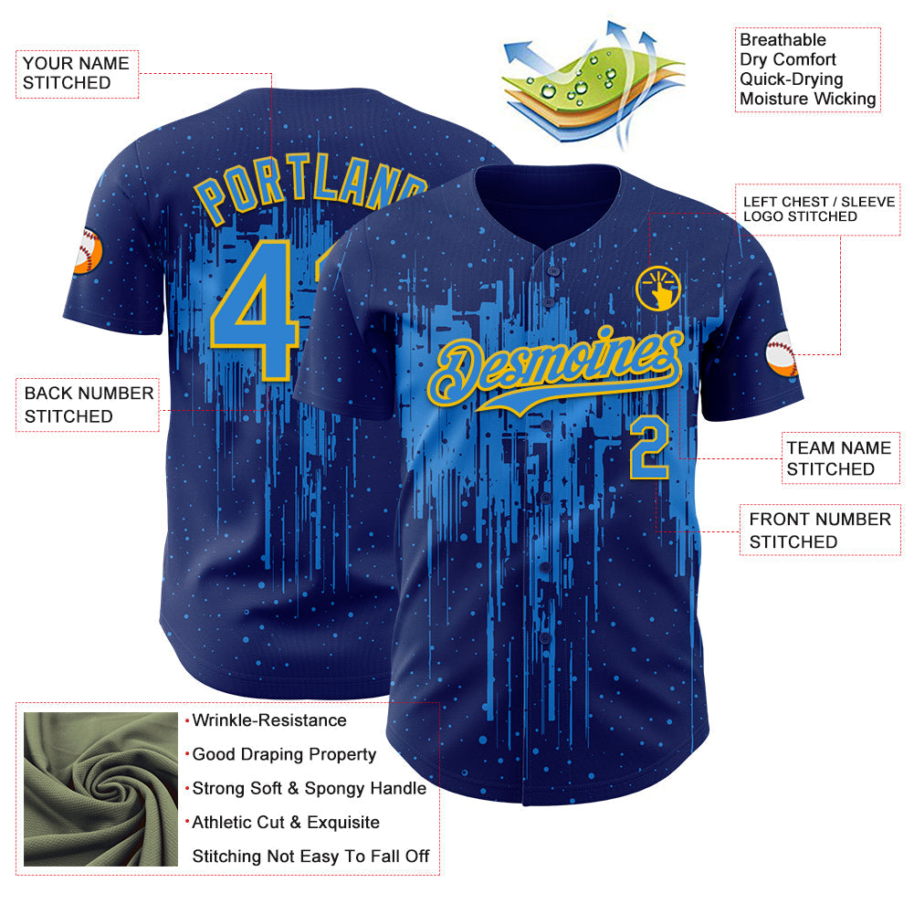 Custom Royal Powder Blue-Yellow Dripping Splatter Paint Authentic Baseball Jersey view 3