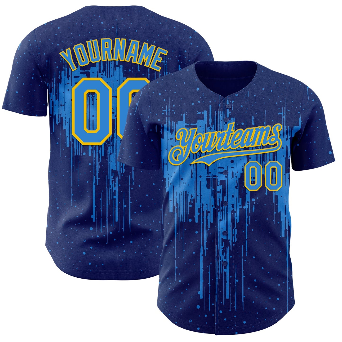 Custom Royal Powder Blue-Yellow Dripping Splatter Paint Authentic Baseball Jersey - Main View