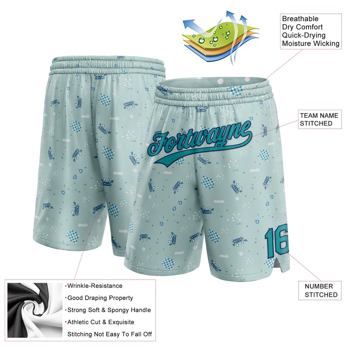 Custom Aqua Teal-Navy 3D Pattern Crabs Authentic Basketball Shorts view 2