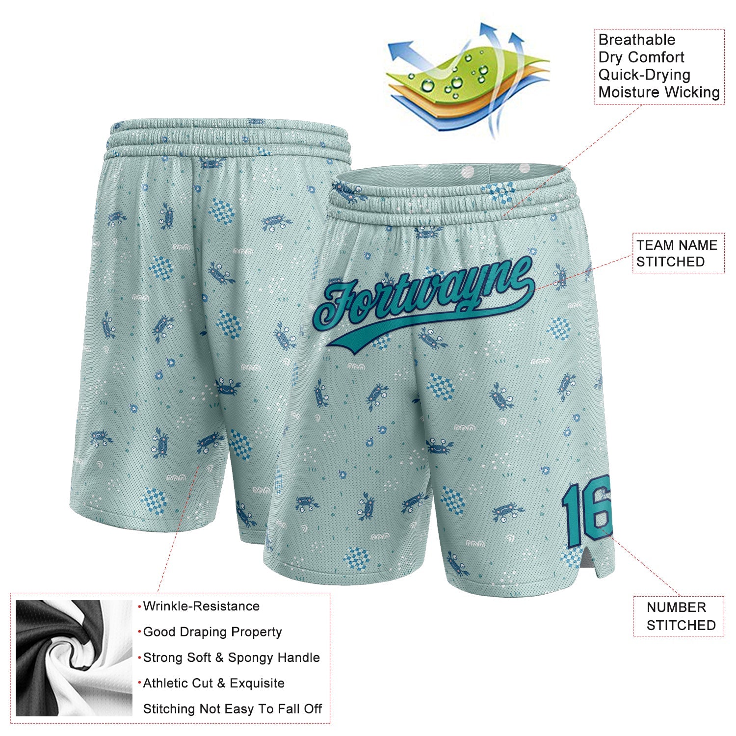 Custom Aqua Teal-Navy 3D Pattern Crabs Authentic Basketball Shorts view 2