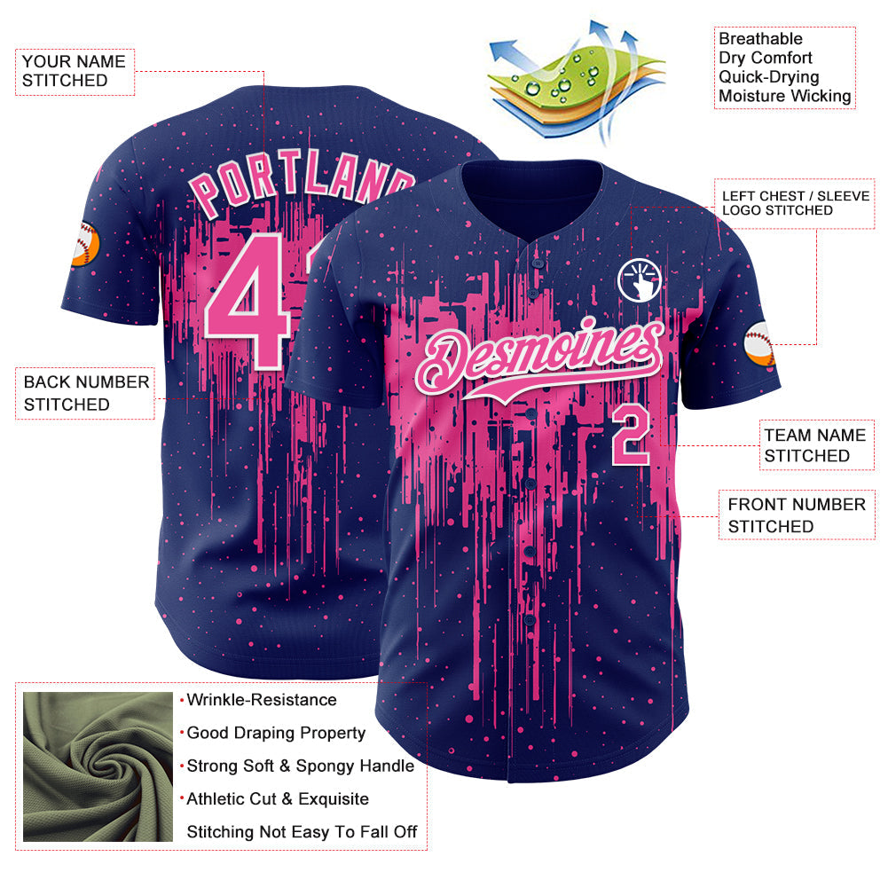 Custom Royal Pink-White Dripping Splatter Paint Authentic Baseball Jersey view 3