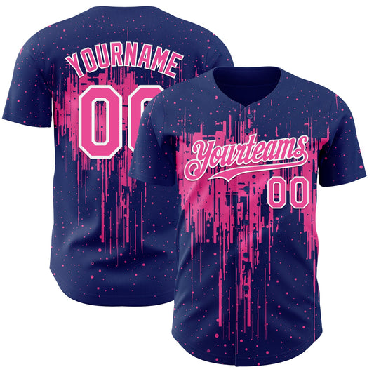 Custom Royal Pink-White Dripping Splatter Paint Authentic Baseball Jersey - Main View