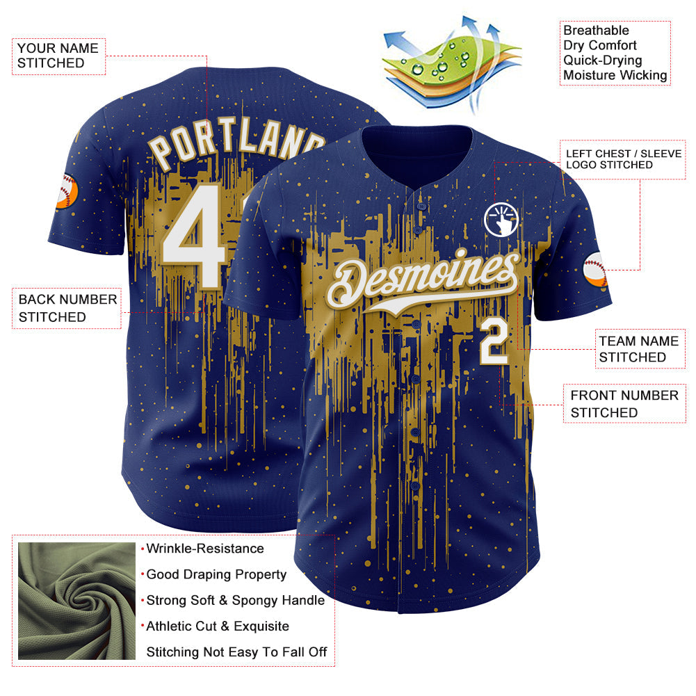 Custom Royal White-Old Gold Dripping Splatter Paint Authentic Baseball Jersey view 3