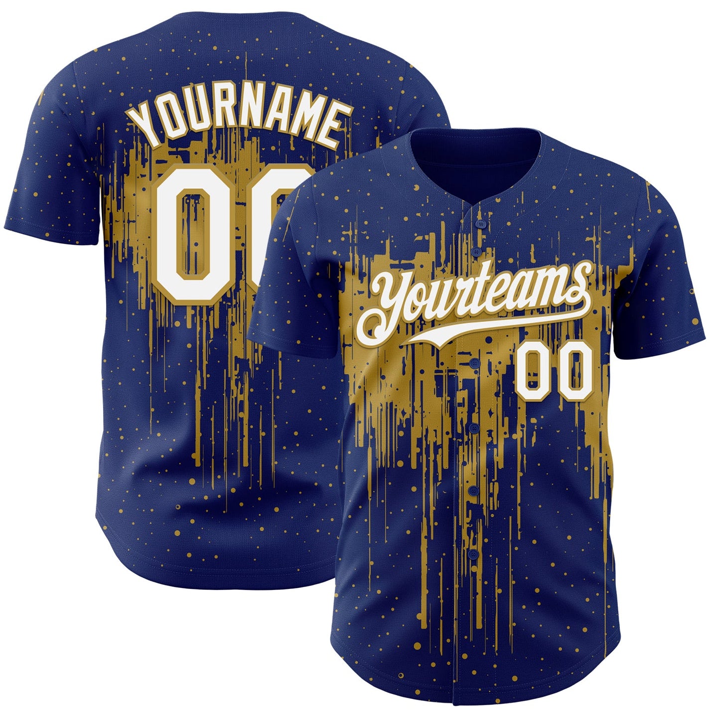 Custom Royal White-Old Gold Dripping Splatter Paint Authentic Baseball Jersey - Main View