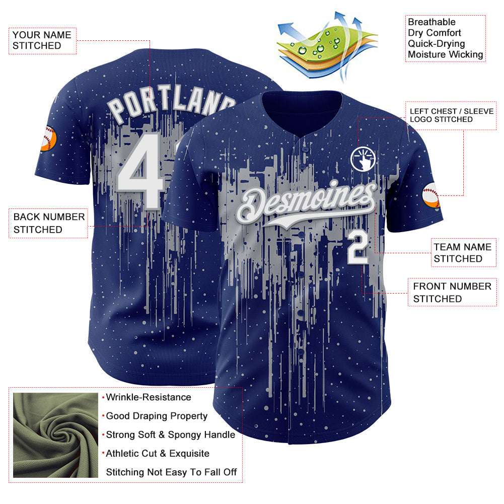 Custom Royal White-Gray Dripping Splatter Paint Authentic Baseball Jersey view 3