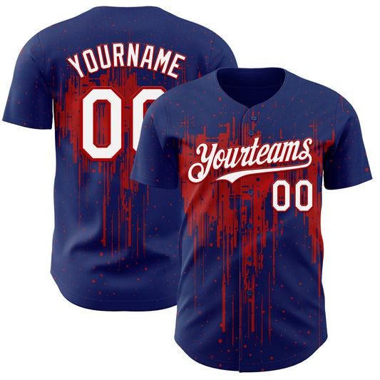 Custom Royal White-Red Dripping Splatter Paint Authentic Baseball Jersey - Main View