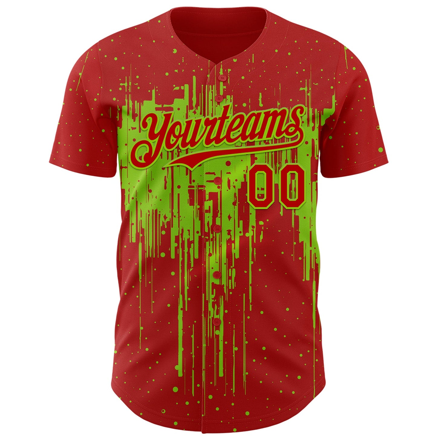 Custom Red Neon Green Dripping Splatter Paint Authentic Baseball Jersey view 2