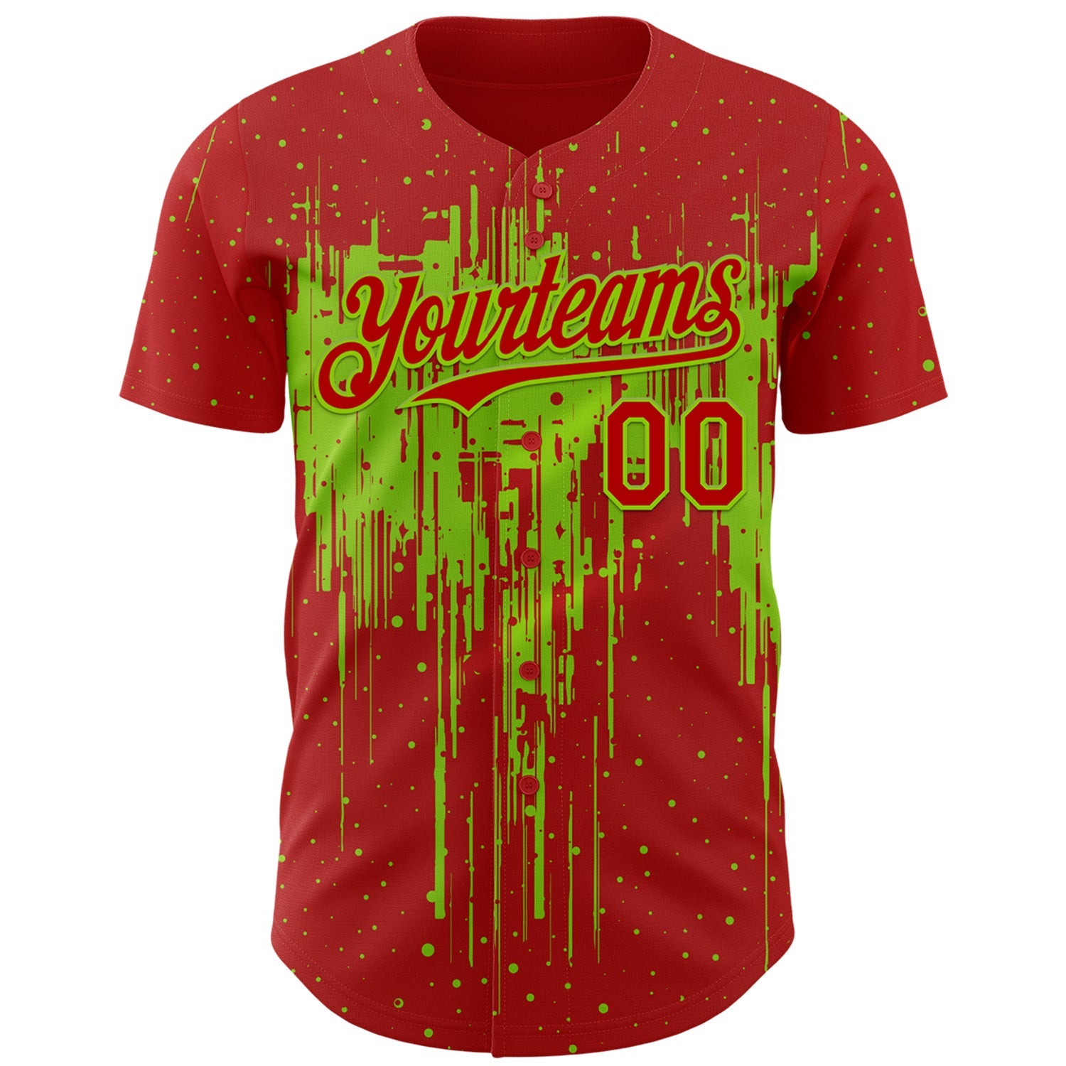 Custom Red Neon Green Dripping Splatter Paint Authentic Baseball Jersey view 2