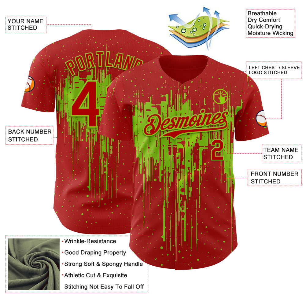 Custom Red Neon Green Dripping Splatter Paint Authentic Baseball Jersey view 3