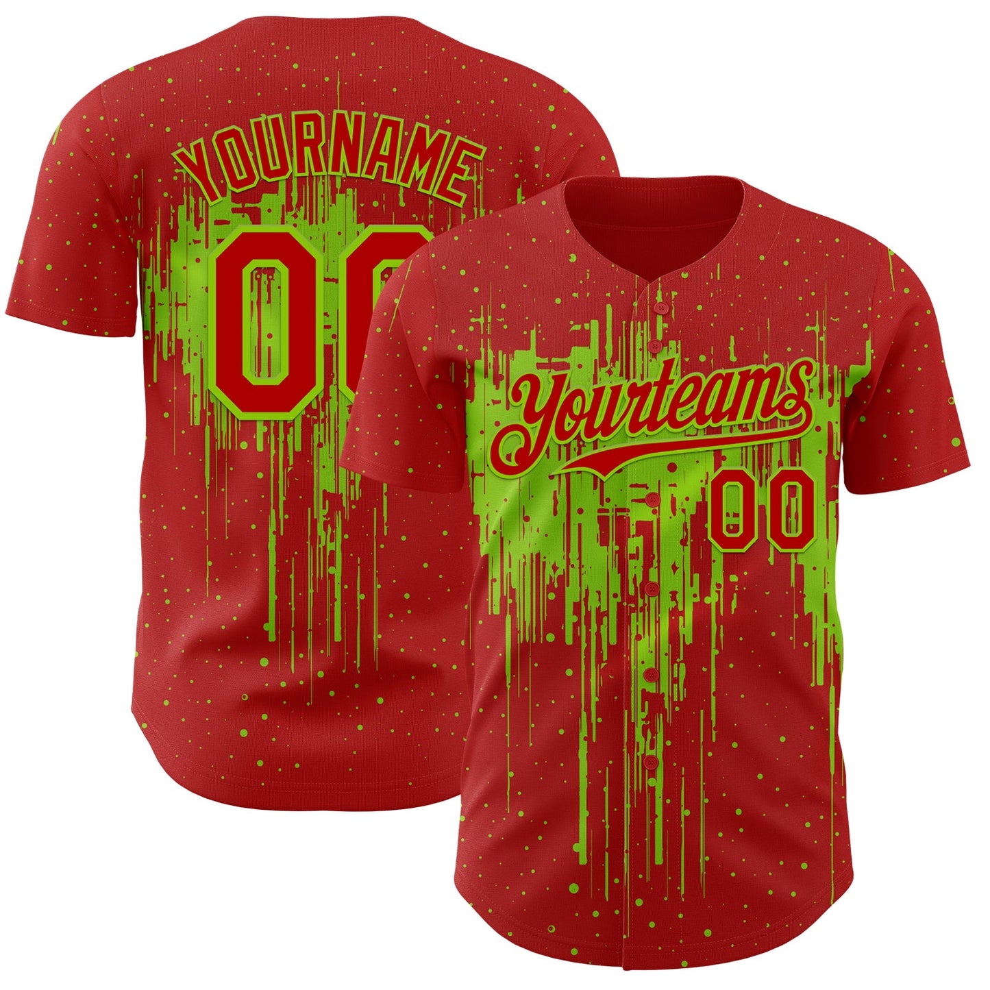 Custom Red Neon Green Dripping Splatter Paint Authentic Baseball Jersey - Main View