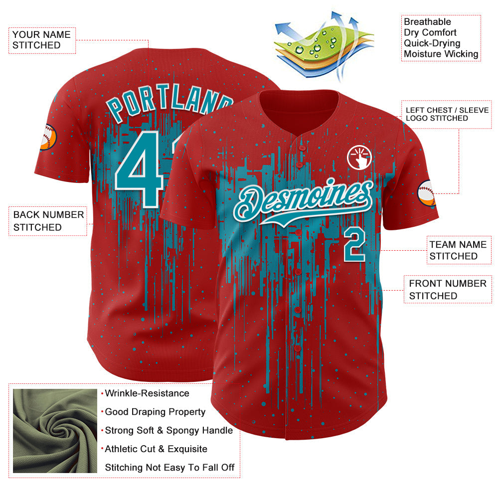 Custom Red Teal-White Dripping Splatter Paint Authentic Baseball Jersey view 3