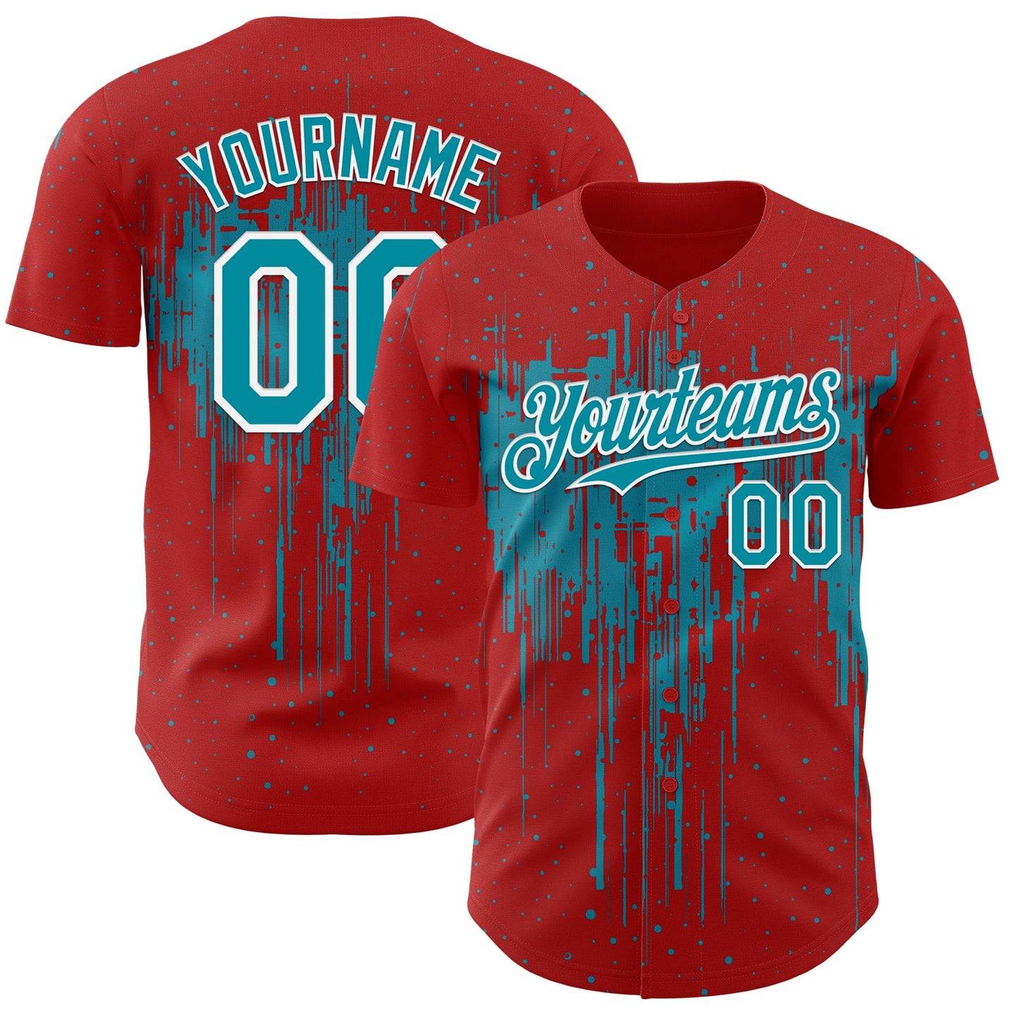 Custom Red Teal-White Dripping Splatter Paint Authentic Baseball Jersey - Main View