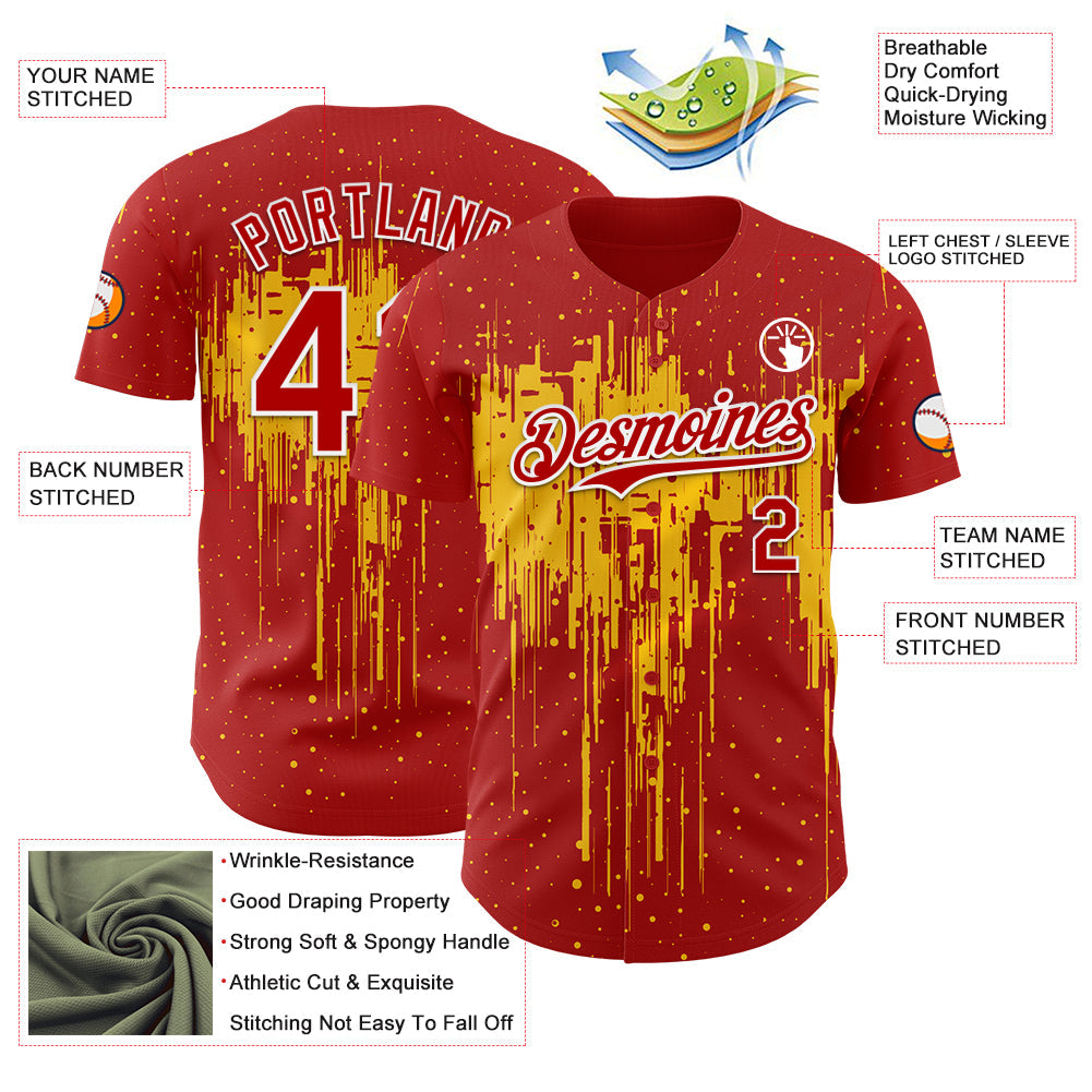 Custom Red White-Yellow Dripping Splatter Paint Authentic Baseball Jersey view 3