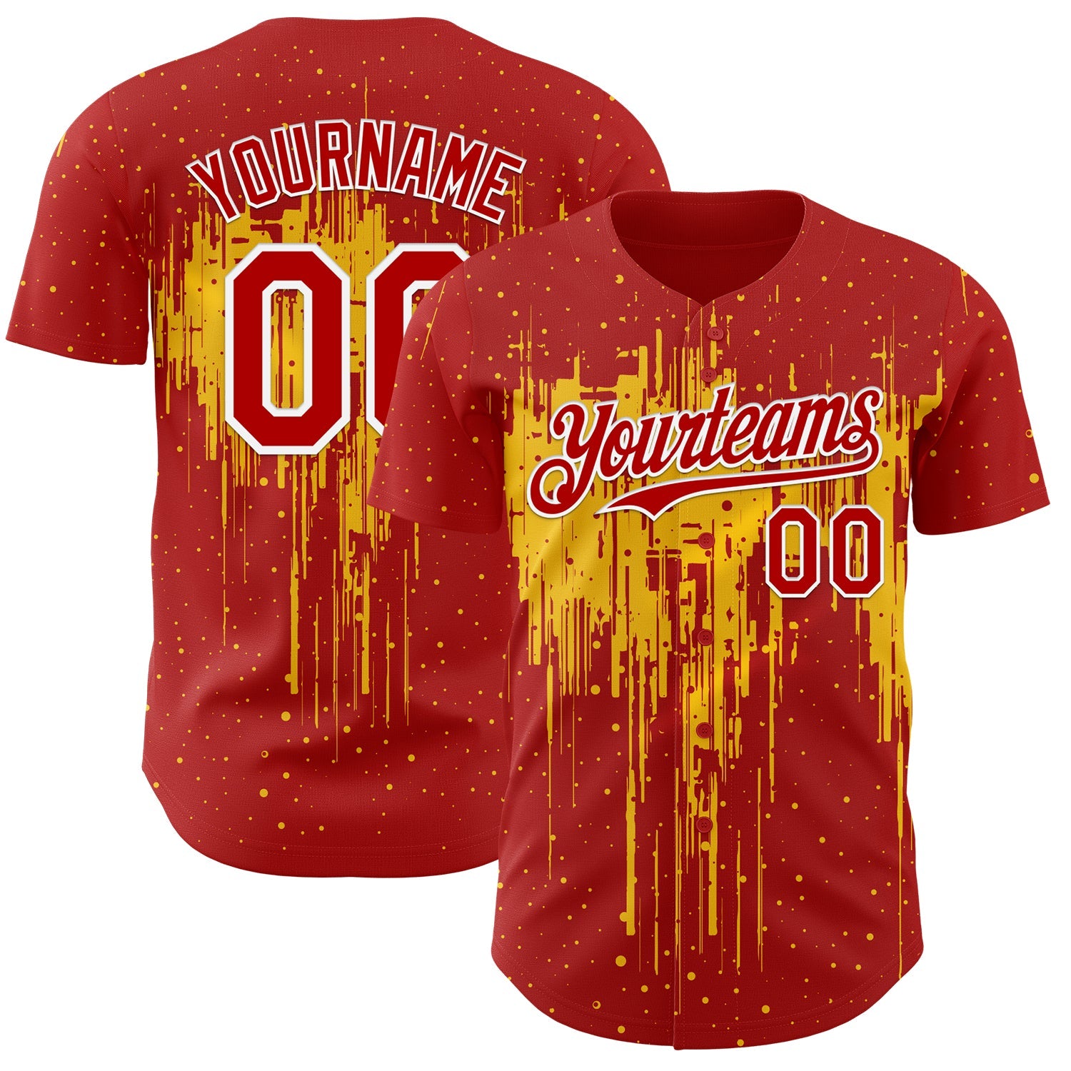Custom Red White-Yellow Dripping Splatter Paint Authentic Baseball Jersey - Main View