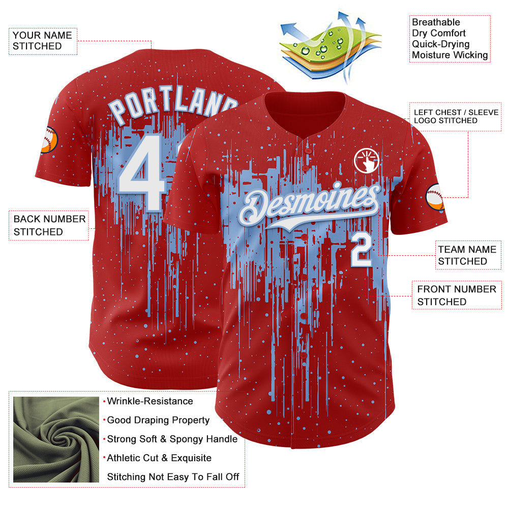 Custom Red White-Light Blue Dripping Splatter Paint Authentic Baseball Jersey view 3