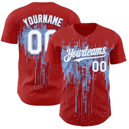 Custom Red White-Light Blue Dripping Splatter Paint Authentic Baseball Jersey - Main View