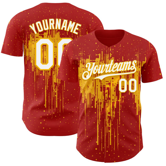 Custom Red White-Gold Dripping Splatter Paint Authentic Baseball Jersey - Main View