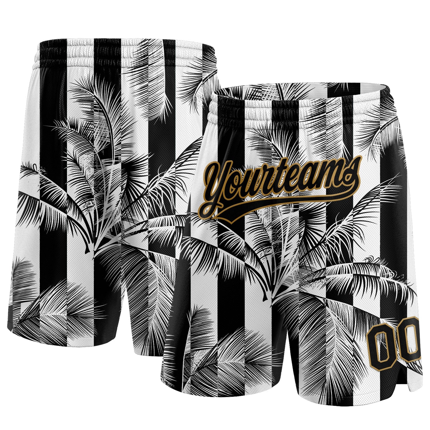 Custom White Black-Old Gold 3D Pattern Hawaii Palm Trees Authentic Basketball Shorts - Main View