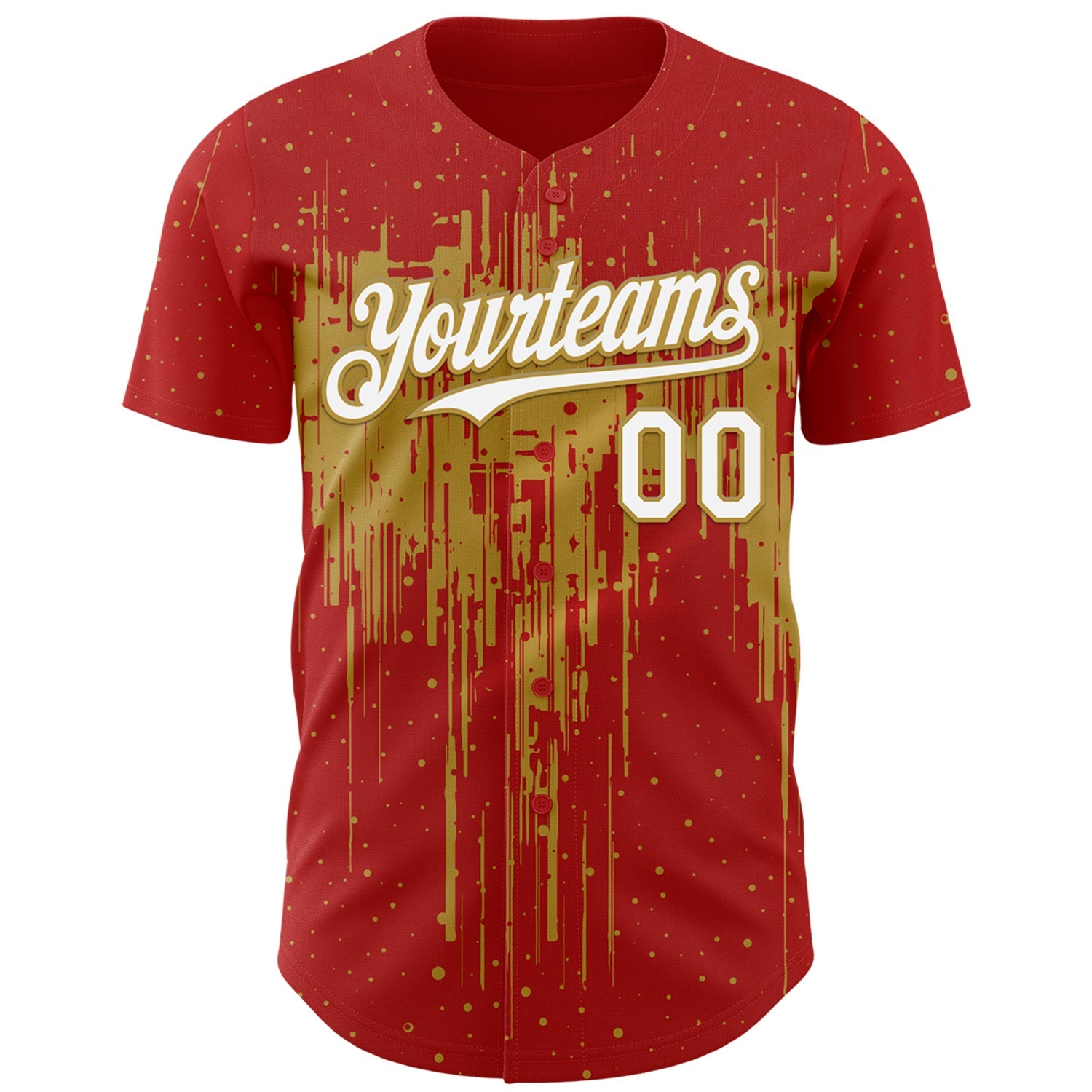 Custom Red White-Old Gold Dripping Splatter Paint Authentic Baseball Jersey view 2