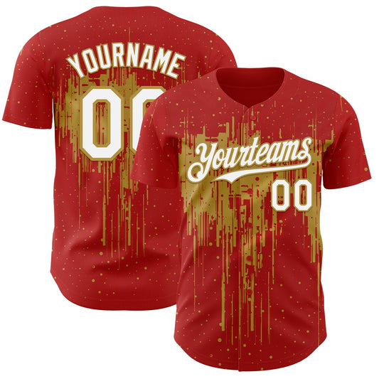 Custom Red White-Old Gold Dripping Splatter Paint Authentic Baseball Jersey - Main View